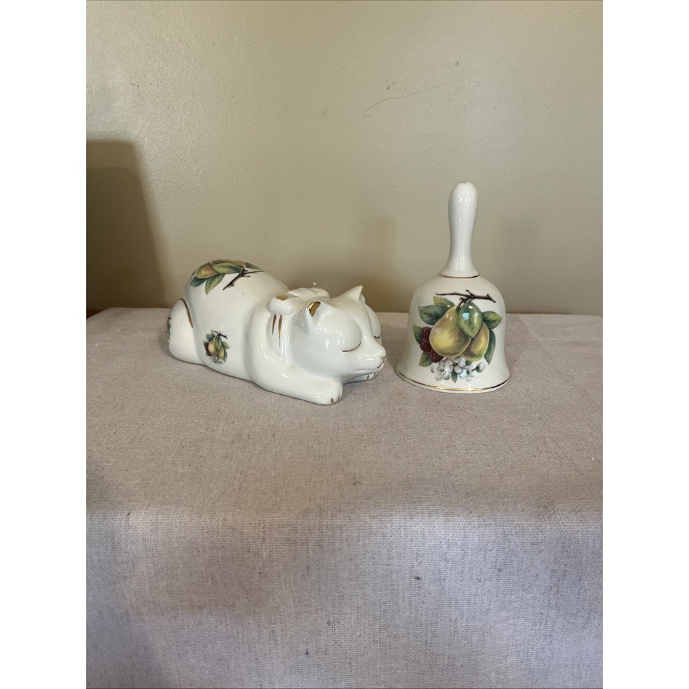Sleeping Cat Porcelain Figurine & Bell (Formalities) Fruit Motif with Gold